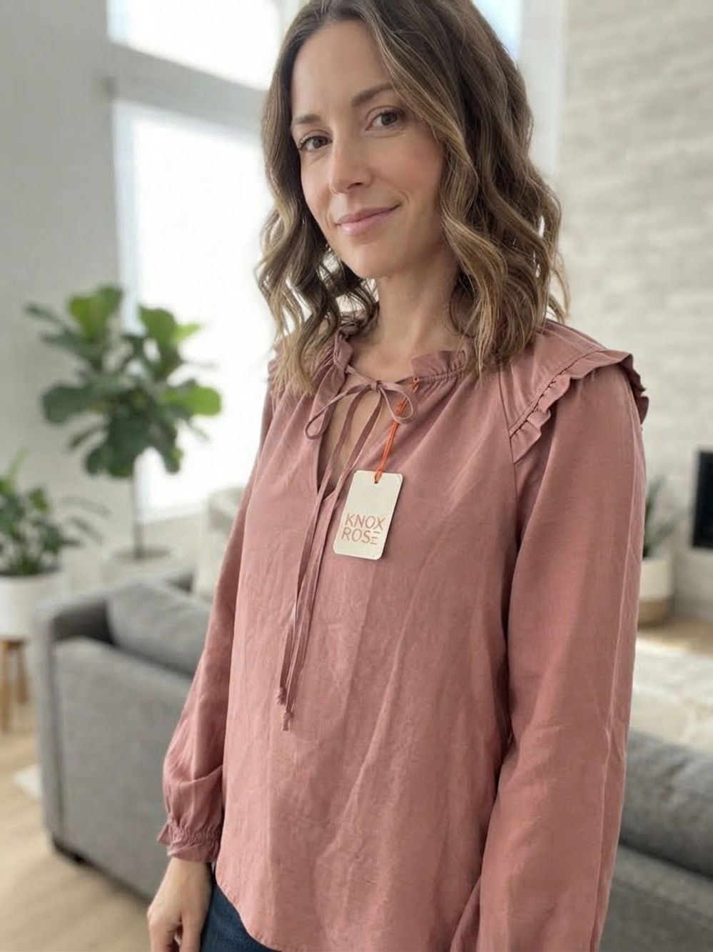 Knox Rose Mauve Ruffle Neck Tie Long Sleeve Blouse NWT. Size M